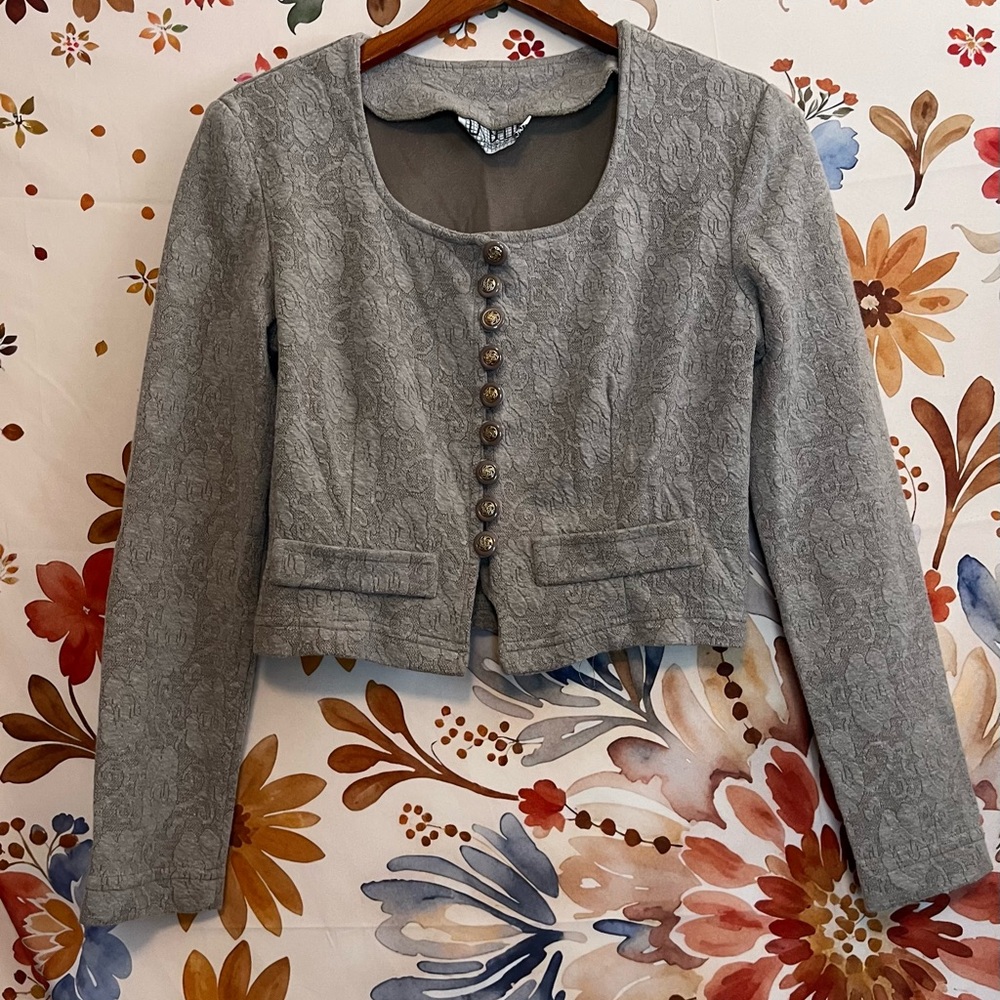 Vintage 80s 90s Grey Gold XS/S LA Belle Lace Textured Workwear Crop Feminine Top